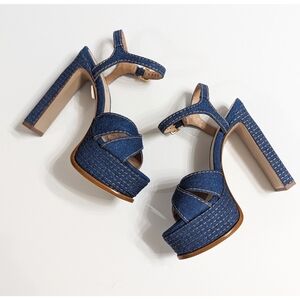 SCHUTZ Keefa High Heel Ankle Strap Denim Platform Sandals Size 5.5